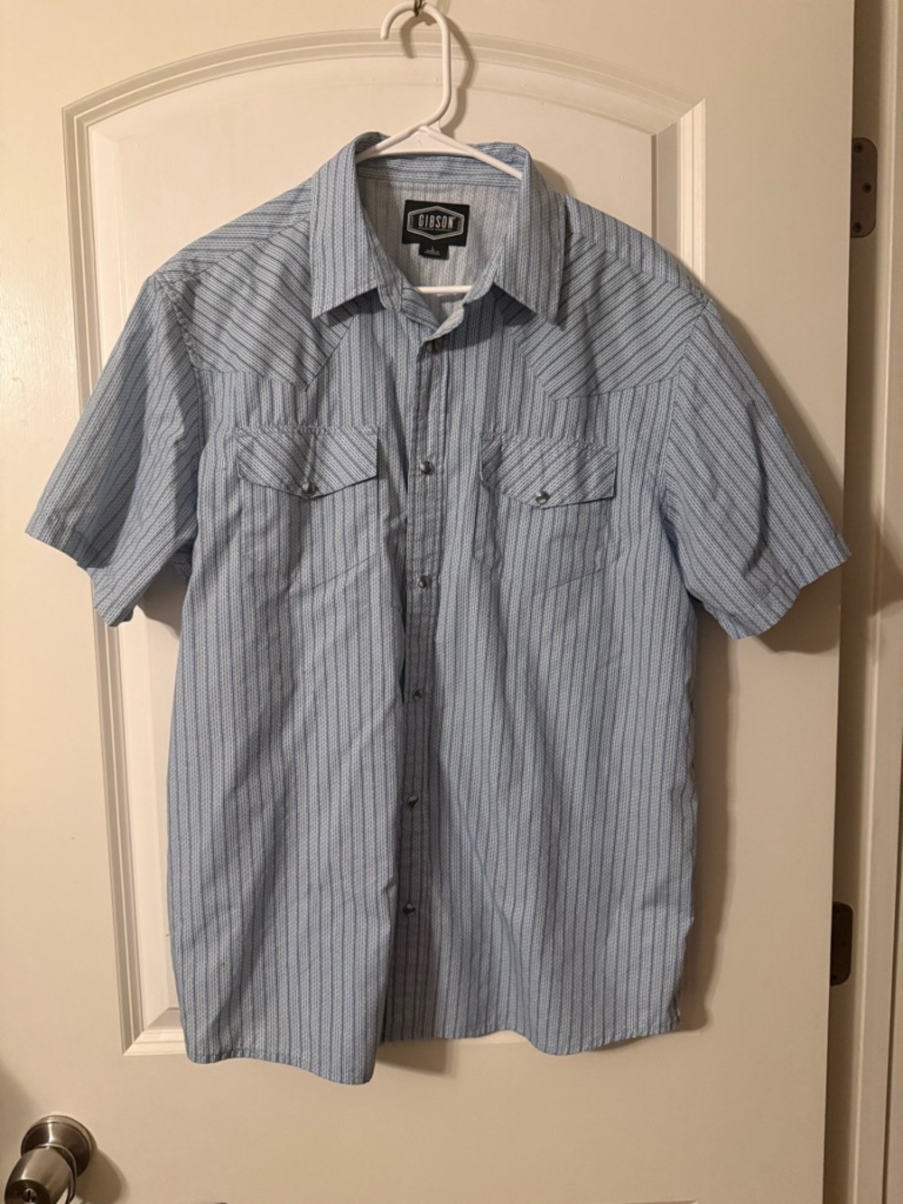 Gibson Pearl Snap Light Blue Striped Short Sleeve Western Shirt